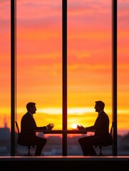 Fototapeta premium Two businessmen silhouettes in a meeting against a vibrant sunset.