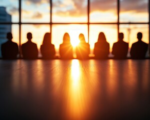 Silhouettes of people against a sunset by large window, warm and inspirational scene.