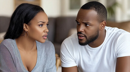 Fototapeta premium Concerned African American couple having serious discussion at home