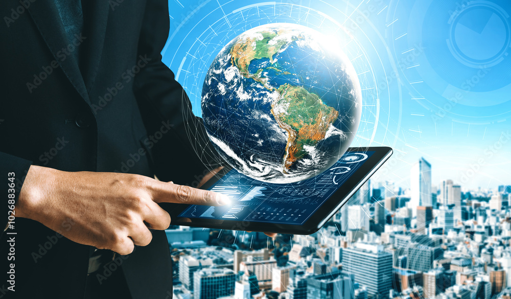 Poster data analysis for business and finance concept. interface showing future computer technology of prof
