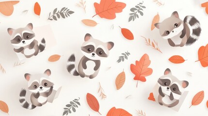 Cute Cartoon Raccoons on Autumn Leaves Background