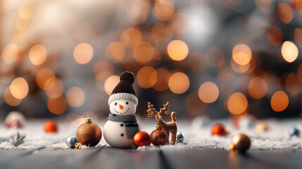 cheerful snowman and reindeer are surrounded by festive ornaments in delightful winter scene, evoking warmth and joy of holiday season