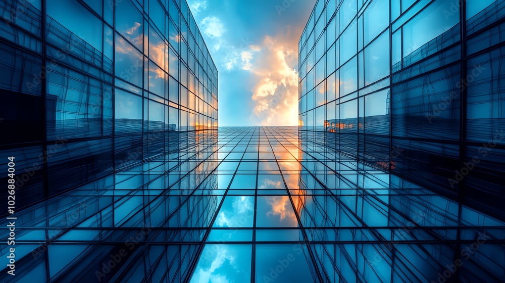 Aufkleber a low angle view of two modern glass buildings with a dramatic sky reflecting in the windows.