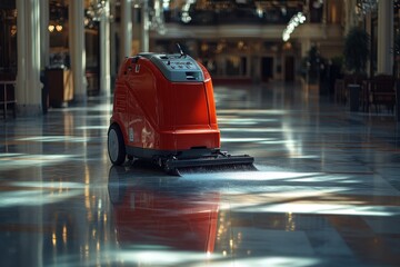 Red Floor Cleaning Machine Cleaning Marble Floor in Large Hallway