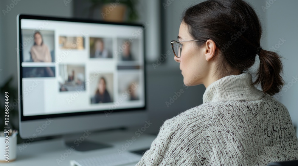Poster woman is engaged in remote collaboration session, focused on her computer screen displaying multiple