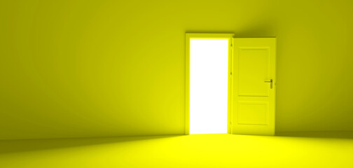 Open the door. Symbol of new career, opportunities, business ventures and initiative. Business concept. 3d render, white light inside open door isolated on yellow background. Modern minimal concept.