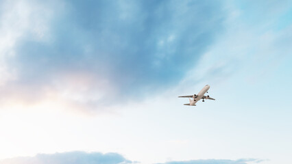 ULTRA HD. Airplane flies in blue sky. Travel. Airplane takes off against the background of blue sky. 