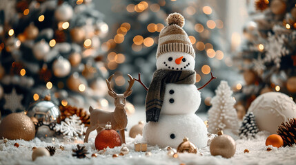 cheerful snowman stands in glowing winter scene, surrounded by festive decorations, including reindeer, ornaments, and twinkling lights. atmosphere is warm and inviting