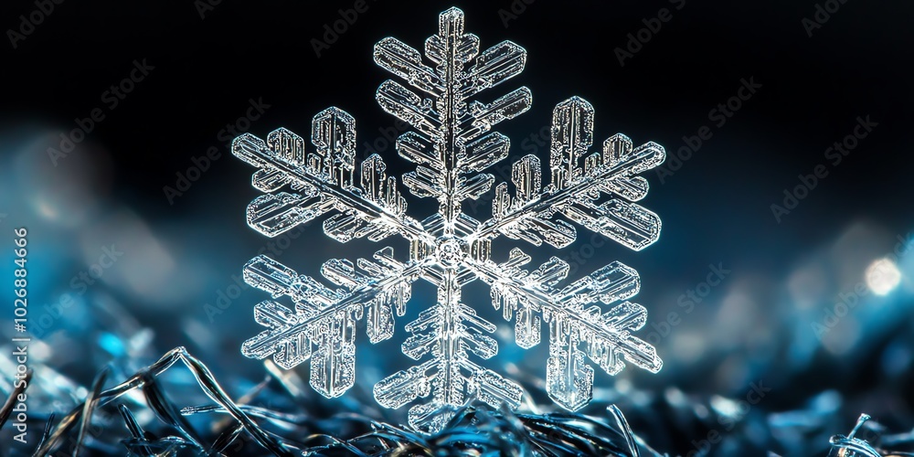 Poster a close-up of a delicate, intricate snowflake with a blurred background.