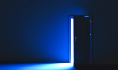 Open the door. Symbol of new career, opportunities, business ventures and initiative. Business concept. 3d render, white light inside open door isolated on blue background. Modern minimal concept.