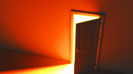 Open the door. Symbol of new career, opportunities, business ventures and initiative. Business concept. 3d render, yellow light inside open door isolated on orange background. Modern minimal concept.