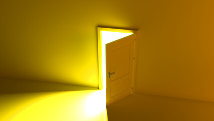 Open the door. Symbol of new career, opportunities, business ventures and initiative. Business concept. 3d render, white light inside open door isolated on yellow background. Modern minimal concept.