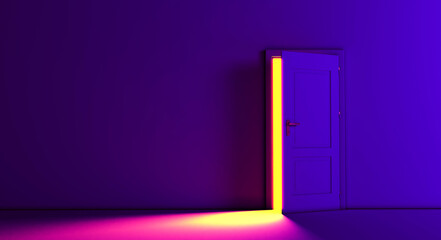 Open the door. Symbol of new career, opportunities, business ventures and initiative. Business concept. 3d render, yellow light inside open door isolated on purple background. Modern minimal concept.