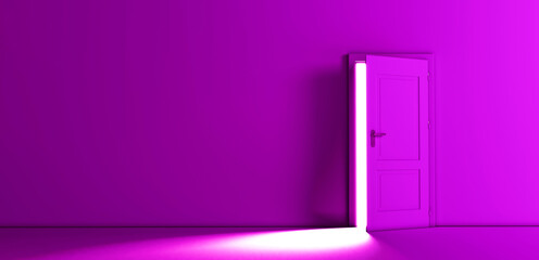 Open the door. Symbol of new career, opportunities, business ventures and initiative. Business concept. White light inside open door isolated on purple background. Modern minimal concept.