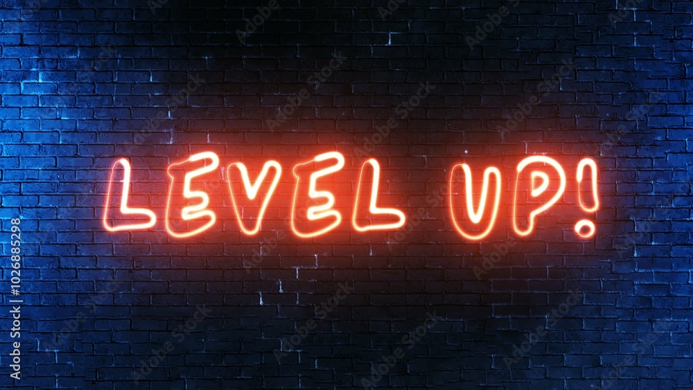 Poster level up text font with neon light. luminous and shimmering haze inside the letters of the text leve