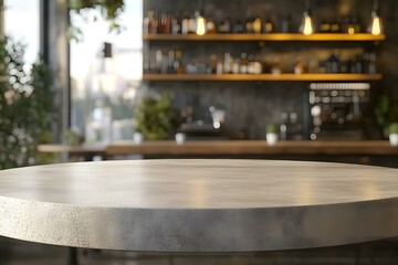 Fototapeta premium Countertop on the background of a cafe bar. Empty tabletop with restaurant interior for product presentation. Concrete mockup platform for food design