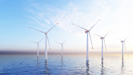 Windmill park. Offshore wind turbines farm on the ocean. Sustainable energy production. Green...