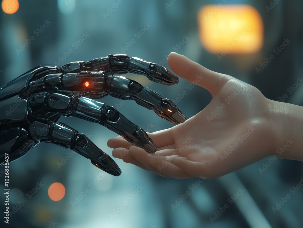 Aufkleber a robotic hand reaches out to a human hand, symbolizing the potential for collaboration between huma