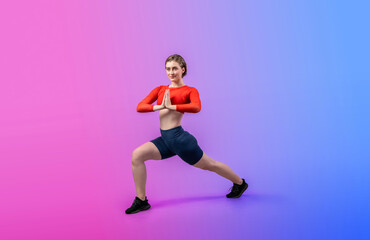 Full body length gaiety shot athletic and sporty woman doing healthy and meditative yoga exercise workout posture on isolated background. Healthy active and body care lifestyle