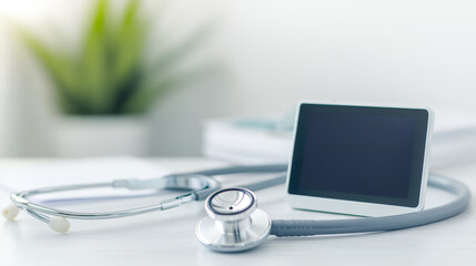 An advanced digital stethoscope placed on a desk, with its screen