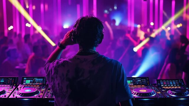 A DJ performing at a concert party, with the audience illuminated by neon lights, dancing to the rhythm 