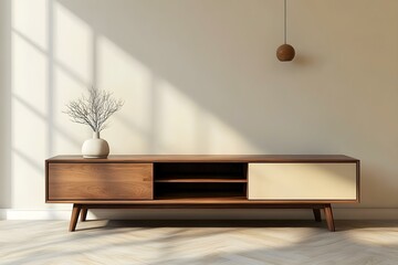 Room with a TV cabinet against the wall. Interior with a modern table on a light background. 3D brown wooden shelf. Mockup for design with furniture in living room