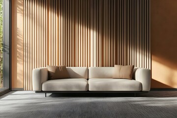 Peach fuzz color of interior design of a room with a sofa and a wall with wooden panels made of vertical slats. Premium modern office with gray carpet