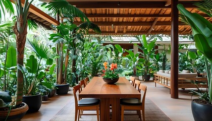 Fototapeta premium Tropical Indoor Dining Space Surrounded by Lush Greenery