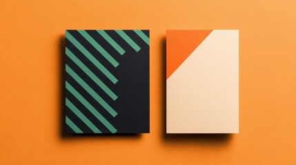 Fototapeta premium Two business cards featuring geometric designs, one with green stripes on black and the other with an orange accent, placed on an orange background.