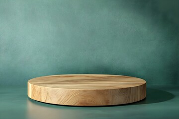 Wood round podium for product presentation. 3D circle stand template for eco cosmetics design. A minimalist pedestal against a green wall.