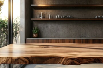Wooden tabletop against the background of a modern interior. Empty wood countertop. Mockup with surface for product presentation