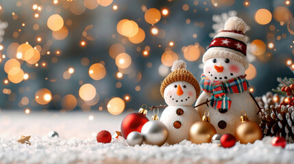 Obraz premium cheerful snowman and smaller snowman stand together amidst festive decorations, creating warm holiday atmosphere filled with joy and celebration