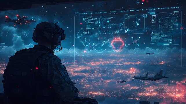 Soldier giving orders in a celestial war, coordinating marine and air-force movements, birds-eye scenic view of the operation