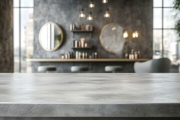 Concrete countertop against blurred beauty salon background for product. Mockup of an empty tabletop in a studio with mirrors and chairs. Stone platform for the presentation of cosmetics