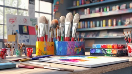 A colorful art studio setting featuring various paintbrushes, palettes, and vibrant paint supplies, showcasing creativity and artistic expression.