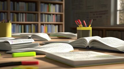 A study table filled with open books, stationery, and highlighters, set against a backdrop of bookshelves, creating a scholarly atmosphere.