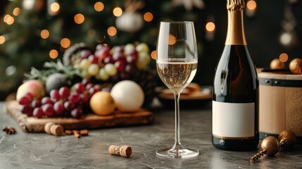 New Year's Eve Celebration with Sparkling Wine and Fireworks on Wooden Table - Holiday Greeting Card Banner