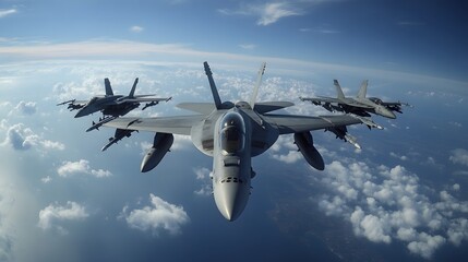 Air-force jets engaging in celestial combat guided by marine soldiers, captured in a scenic and realistic birds-eye perspective