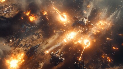 Naklejka premium Soldier coordinating air-force attacks in celestial battle, with a scenic birds-eye view showing dynamic movement across the field