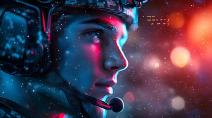 Portrait of soldier using tactical headset in celestial warfare, realistic close-up focusing on communication and air-force engagement
