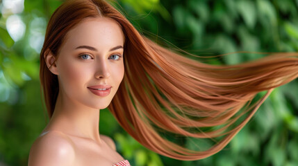 Naklejka premium A stunning young woman flaunts her long, vibrant red hair, complemented by her charming dress and radiant smile.