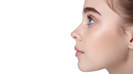 Stunning young woman poses gracefully against a white backdrop, showcasing natural beauty and confidence.