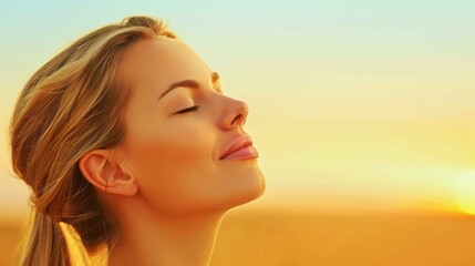 Fototapeta premium Captivating young woman in profile, lost in thought against a stunning autumn sunset field.