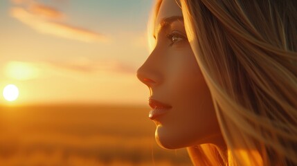 A young woman basks in the glowing sunset, radiating joy and tranquility while embracing the warmth of summer.