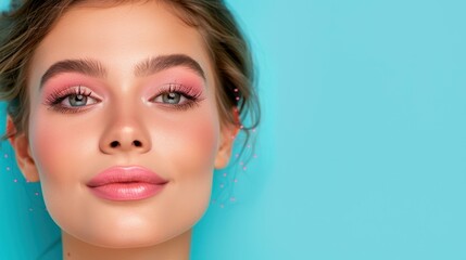 Stunning model with flawless makeup gazes away, enhanced by soft studio lighting, radiating beauty and style.