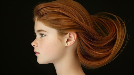 Naklejka premium Stunning portrait of a young woman with flowing red hair, highlighting her beauty against a sleek black backdrop.