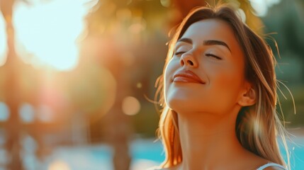 A graceful young woman enjoys a sunny day in the park, showcasing summer fashion and natural beauty in a side profile view.