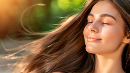 A young woman basks in the warm hues of sunset, radiating joy and tranquility in her serene outdoor setting.