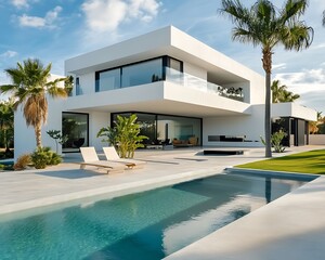 Small modern home exterior with backyard pool. Architecture modern white house with swimming pool, 3D building design illustration