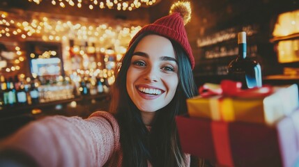 Fototapeta premium Women celebrating with gift and taking selfie.